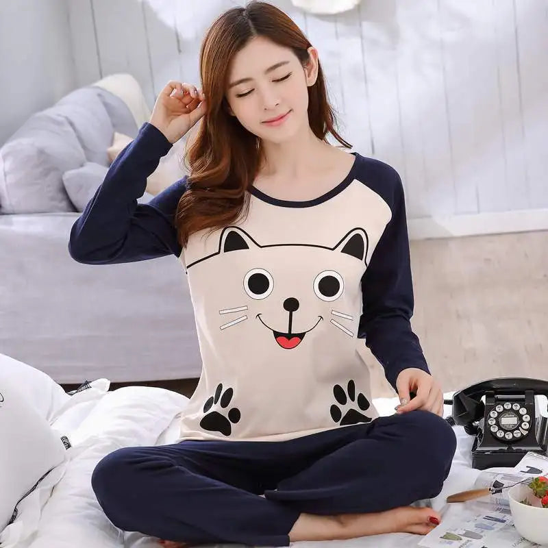 Spring Thin 2pieces Pyjamas Set Women Tops 2024 Cotton Round Neck Girls Pajamas Sets Teacup Cat Sleepwear Clothes Pijamas Mujer