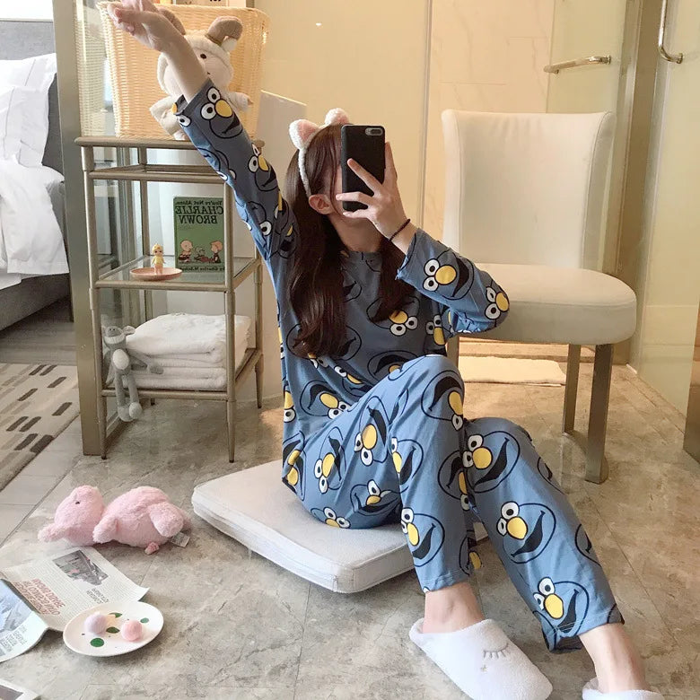 Spring Thin 2pieces Pyjamas Set Women Tops 2024 Cotton Round Neck Girls Pajamas Sets Teacup Cat Sleepwear Clothes Pijamas Mujer