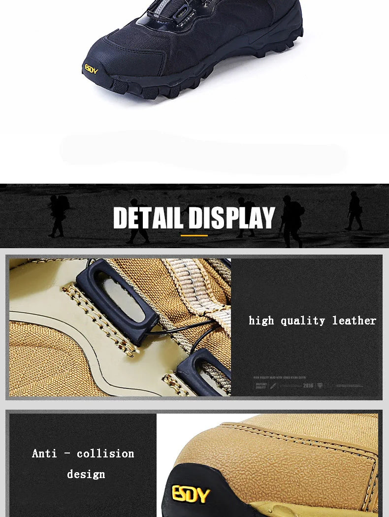 Men Tactical Boots Winter Leather Lace Up Combat Ankle Boots Mens Flat Safety Work Shoes Outdoor Sports Boots Hiking Shoes