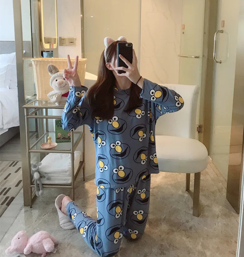 Spring Thin 2pieces Pyjamas Set Women Tops 2024 Cotton Round Neck Girls Pajamas Sets Teacup Cat Sleepwear Clothes Pijamas Mujer