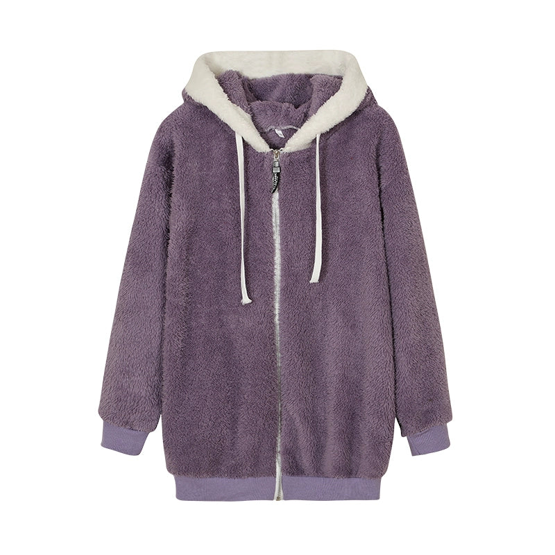 New Style Autumn And Winter Loose Plush Zipper Hooded Jacket Woman