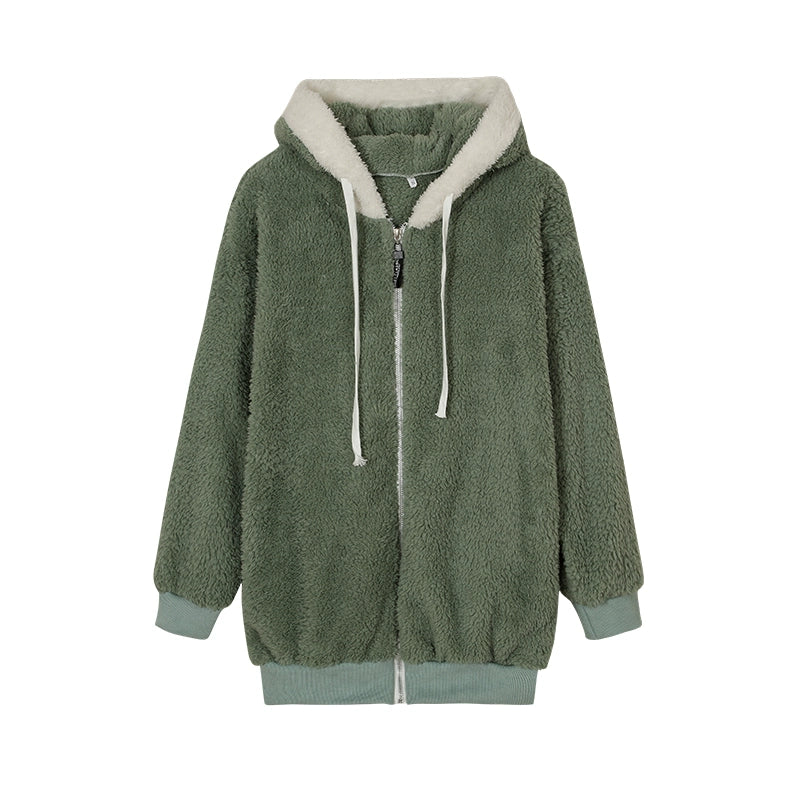 New Style Autumn And Winter Loose Plush Zipper Hooded Jacket Woman