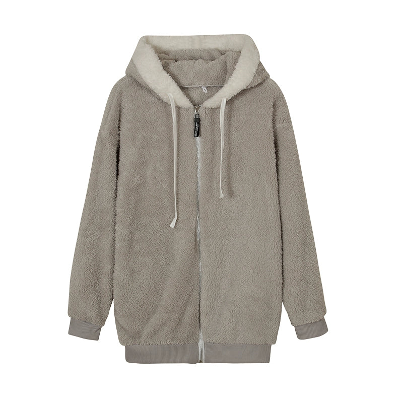 New Style Autumn And Winter Loose Plush Zipper Hooded Jacket Woman