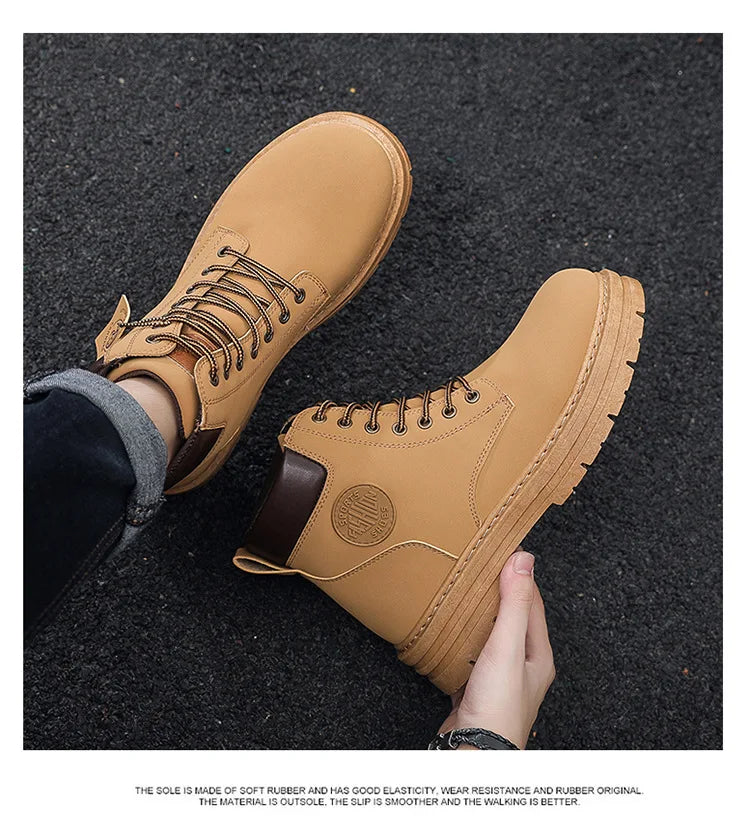 Men Retro Work Shoes Autumn Winter Thick Bottom High Top Non Slip Warm Casual Boots PU Leather Lace-up Big Head Tooling Boots