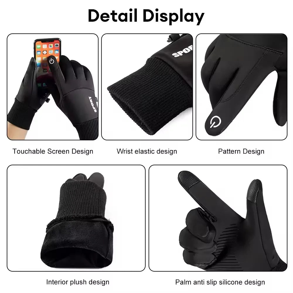 Winter Warm Gloves Full-Finger Waterproof Cycling Outdoor Sports Motorcycle Skiing Touch Screen Fleece Cycling Gloves