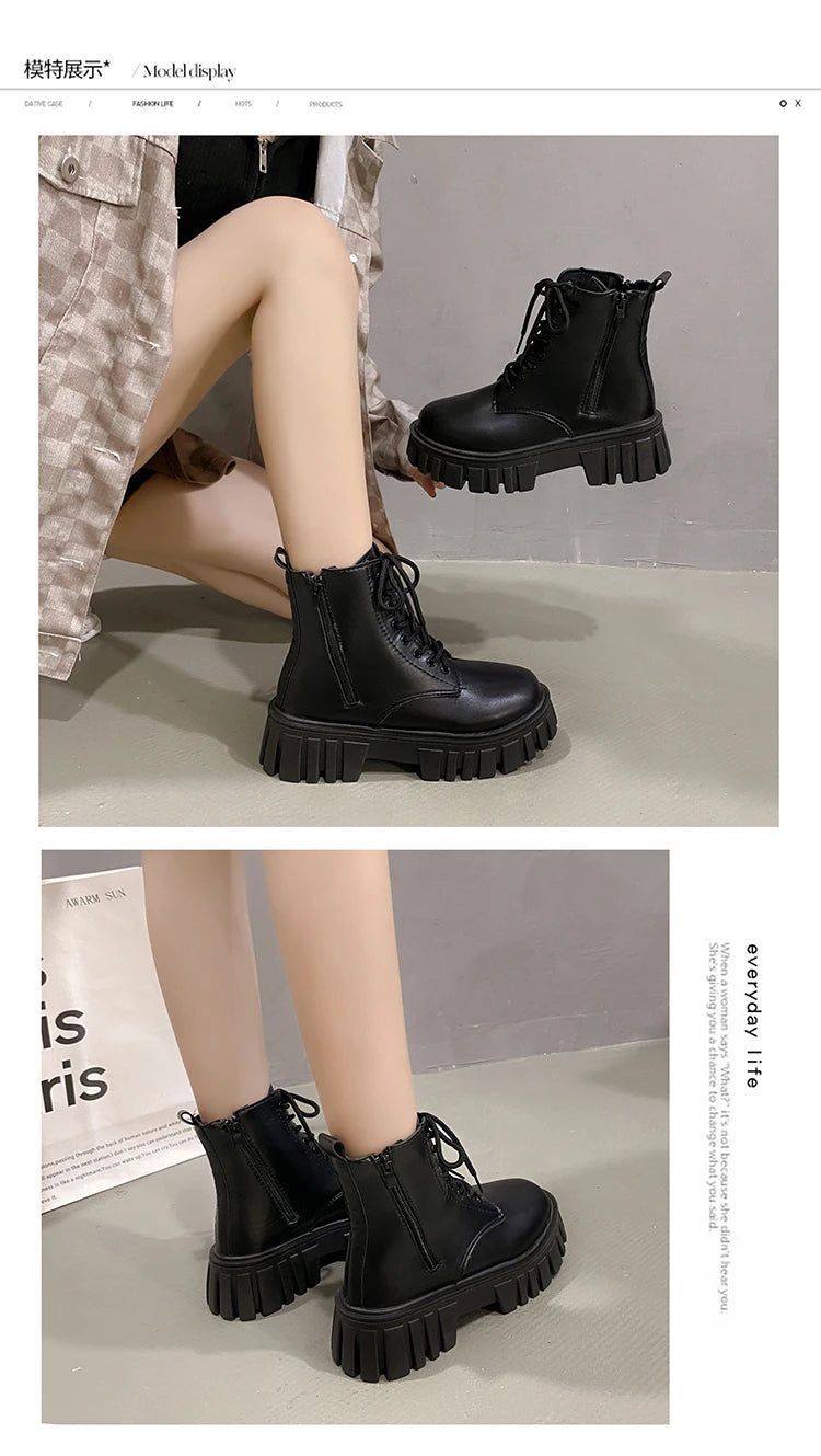 2024 White New Women Ankle Boots Autumn Winter Platform Zipper Women Punk Boots Thick Sole Lace Up Combat Booties Female Mujer