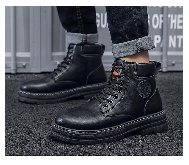 Men Retro Work Shoes Autumn Winter Thick Bottom High Top Non Slip Warm Casual Boots PU Leather Lace-up Big Head Tooling Boots