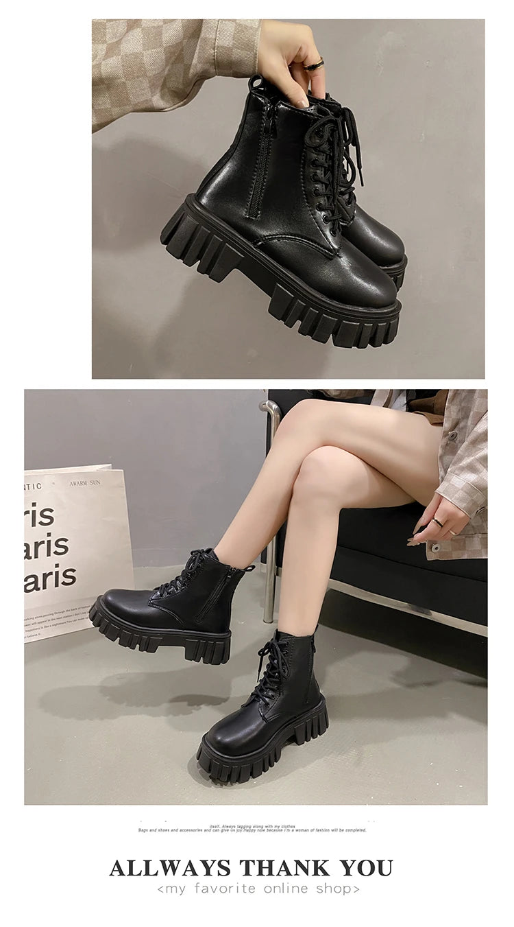 2024 White New Women Ankle Boots Autumn Winter Platform Zipper Women Punk Boots Thick Sole Lace Up Combat Booties Female Mujer