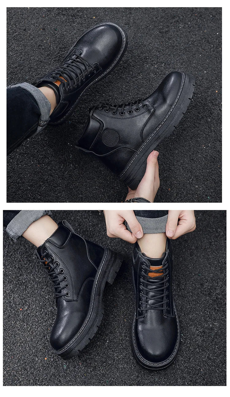 Men Retro Work Shoes Autumn Winter Thick Bottom High Top Non Slip Warm Casual Boots PU Leather Lace-up Big Head Tooling Boots