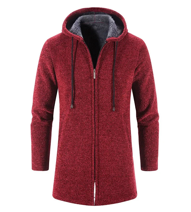 Autumn And Winter Men's Zipper Hooded Cardigan Sweater Coat  Warm Medium Long Cardigan Casual Solid Color Knitted Sweatercoat