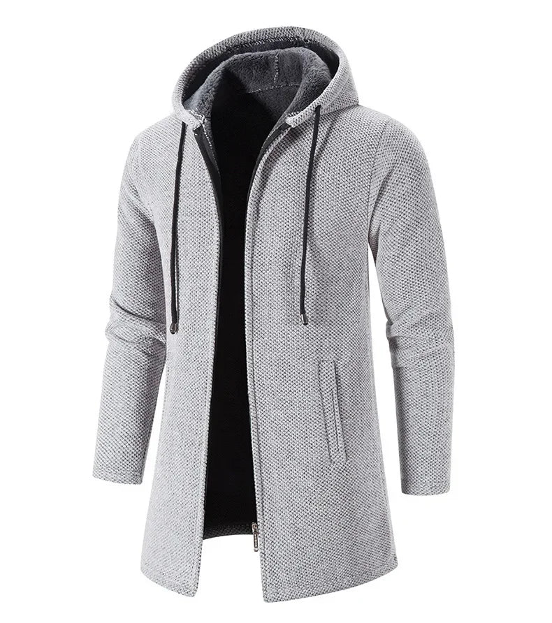 Autumn And Winter Men's Zipper Hooded Cardigan Sweater Coat  Warm Medium Long Cardigan Casual Solid Color Knitted Sweatercoat