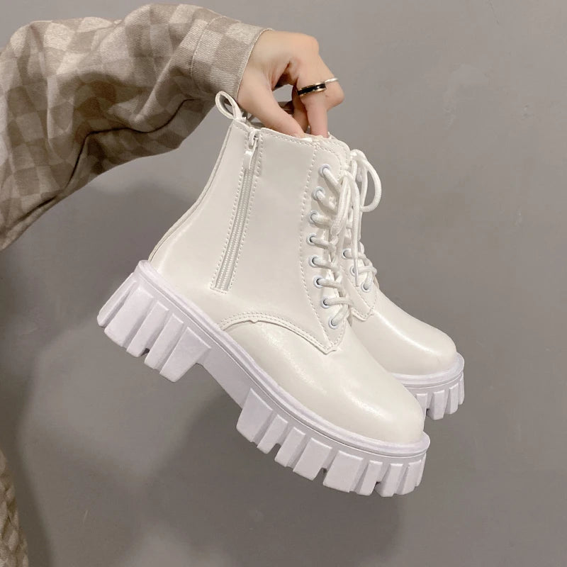 2024 White New Women Ankle Boots Autumn Winter Platform Zipper Women Punk Boots Thick Sole Lace Up Combat Booties Female Mujer