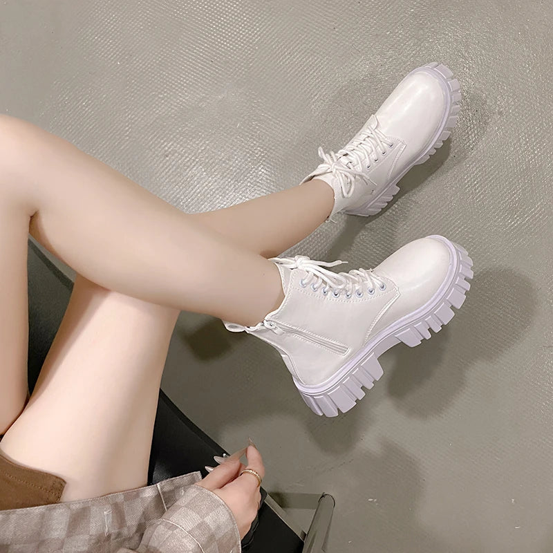 2024 White New Women Ankle Boots Autumn Winter Platform Zipper Women Punk Boots Thick Sole Lace Up Combat Booties Female Mujer