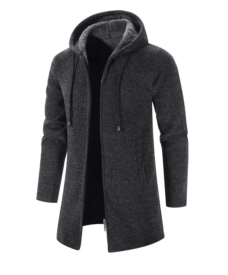 Autumn And Winter Men's Zipper Hooded Cardigan Sweater Coat  Warm Medium Long Cardigan Casual Solid Color Knitted Sweatercoat