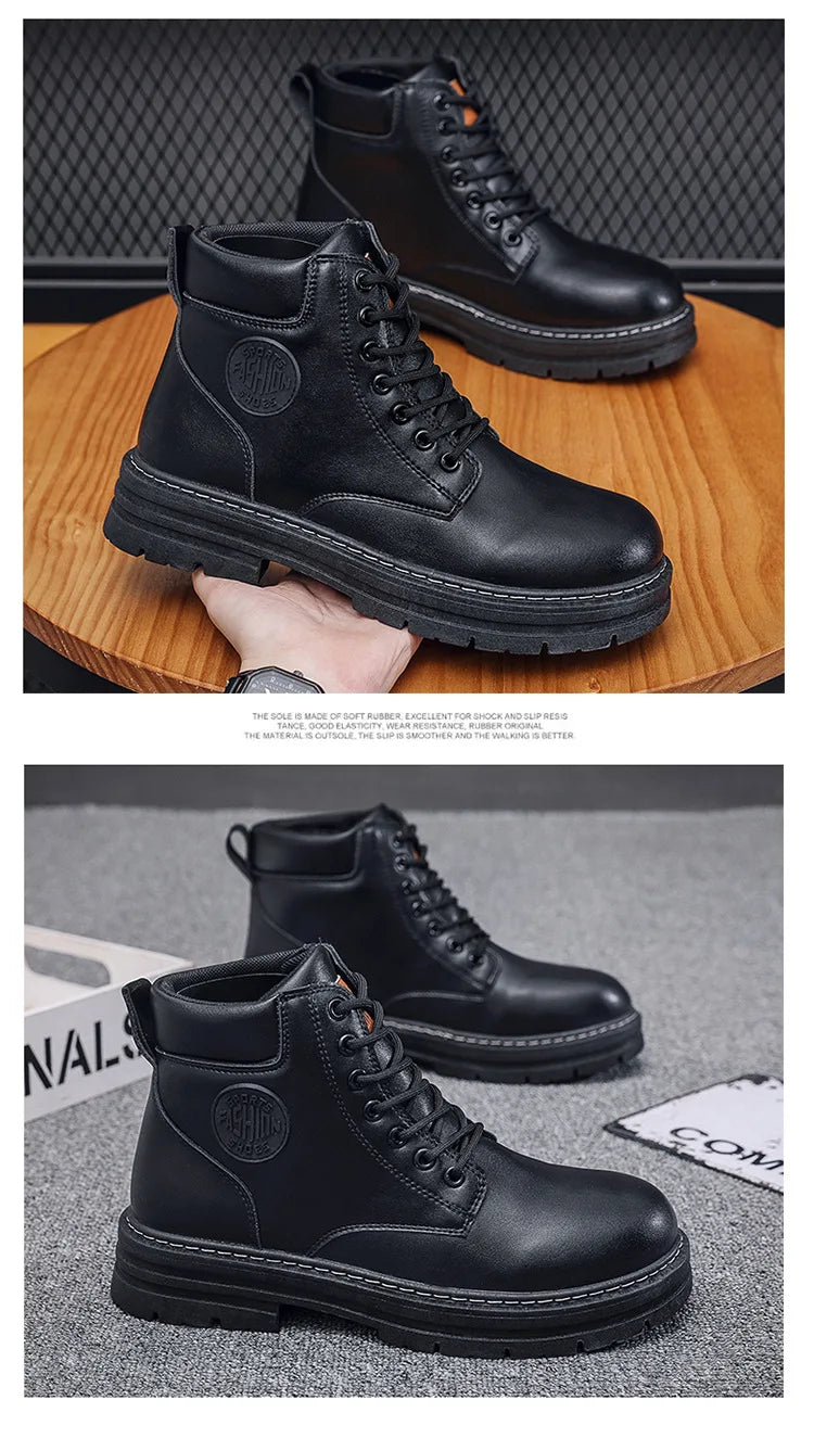 Men Retro Work Shoes Autumn Winter Thick Bottom High Top Non Slip Warm Casual Boots PU Leather Lace-up Big Head Tooling Boots