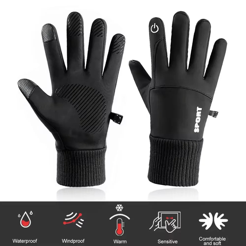 Winter Warm Gloves Full-Finger Waterproof Cycling Outdoor Sports Motorcycle Skiing Touch Screen Fleece Cycling Gloves