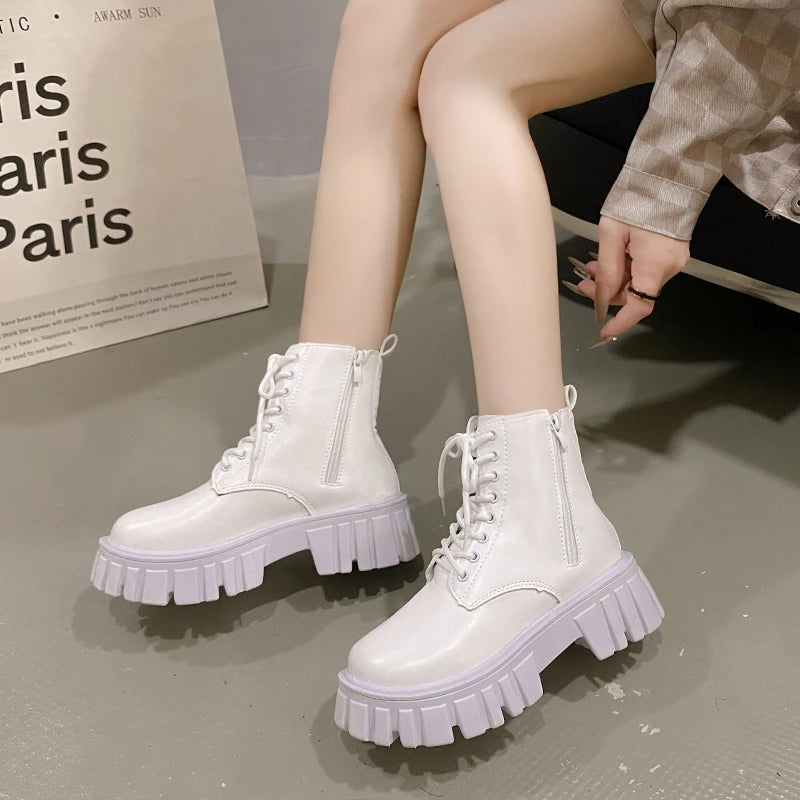 2024 White New Women Ankle Boots Autumn Winter Platform Zipper Women Punk Boots Thick Sole Lace Up Combat Booties Female Mujer