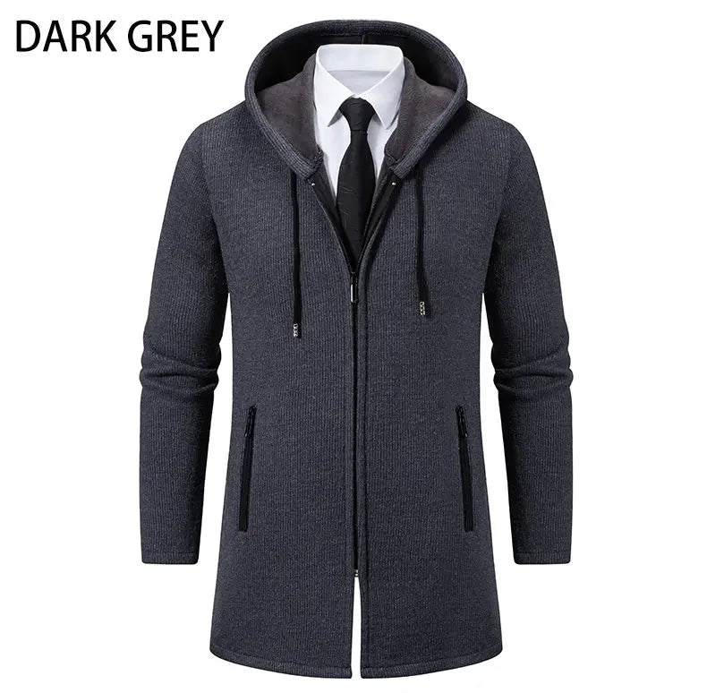 Autumn Winter Mens Hooded Coat Brand New Solid Color Warm Thick Casual Windbreaker Jacket Fashion Mens Cardigan