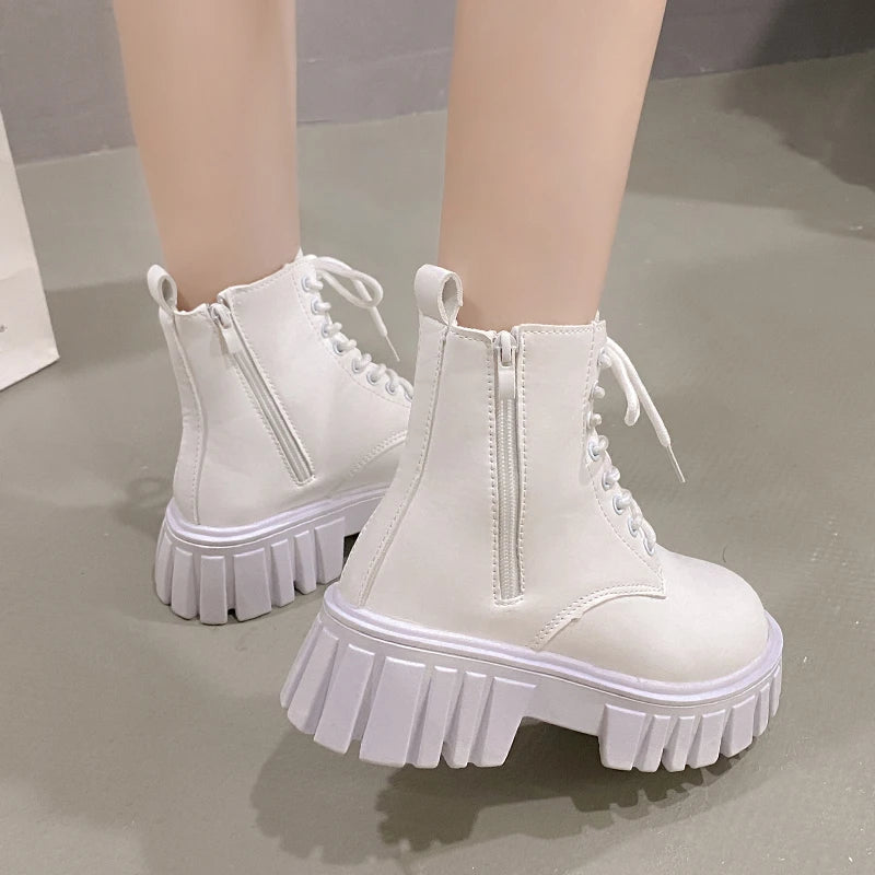 2024 White New Women Ankle Boots Autumn Winter Platform Zipper Women Punk Boots Thick Sole Lace Up Combat Booties Female Mujer