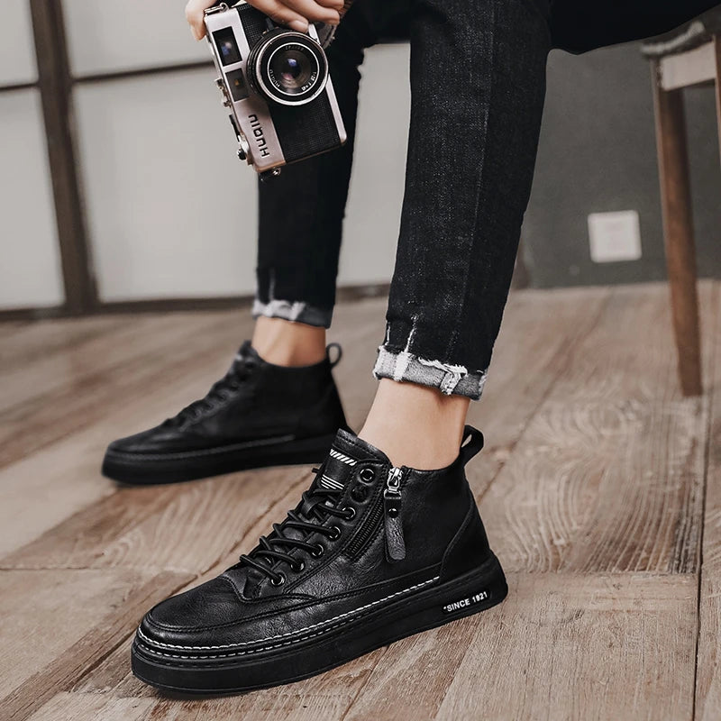 Leather Boots Men Spring High Casual Shoes for Men Trend Zipper Walk Flats Winter Shoes Vulcanized Ankle Boots New Zapatillas