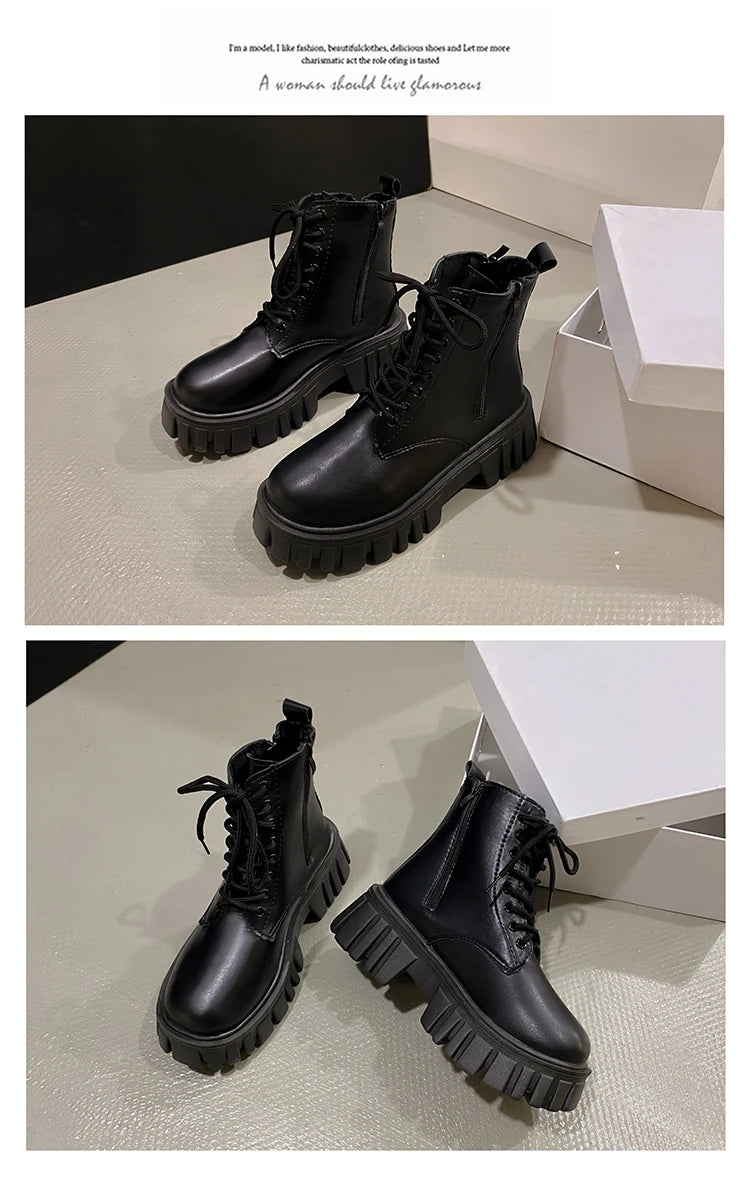 2024 White New Women Ankle Boots Autumn Winter Platform Zipper Women Punk Boots Thick Sole Lace Up Combat Booties Female Mujer