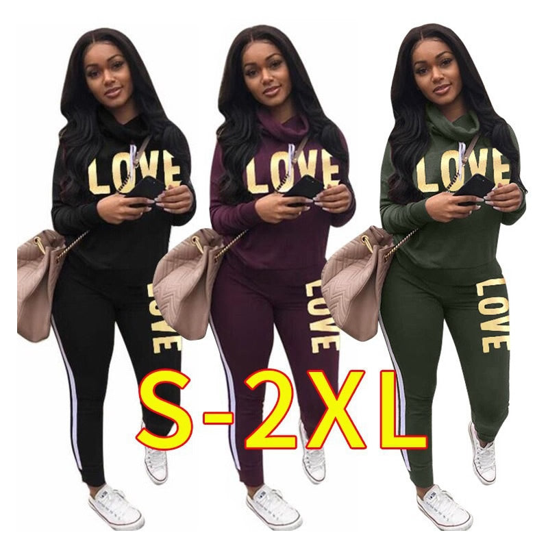 2 Piece Set Women Outfit LOVE Letter Print High Neck Hoodies Sweatshirt Pants Tracksuit 2022 Plus Size Streetwear Casual Suit