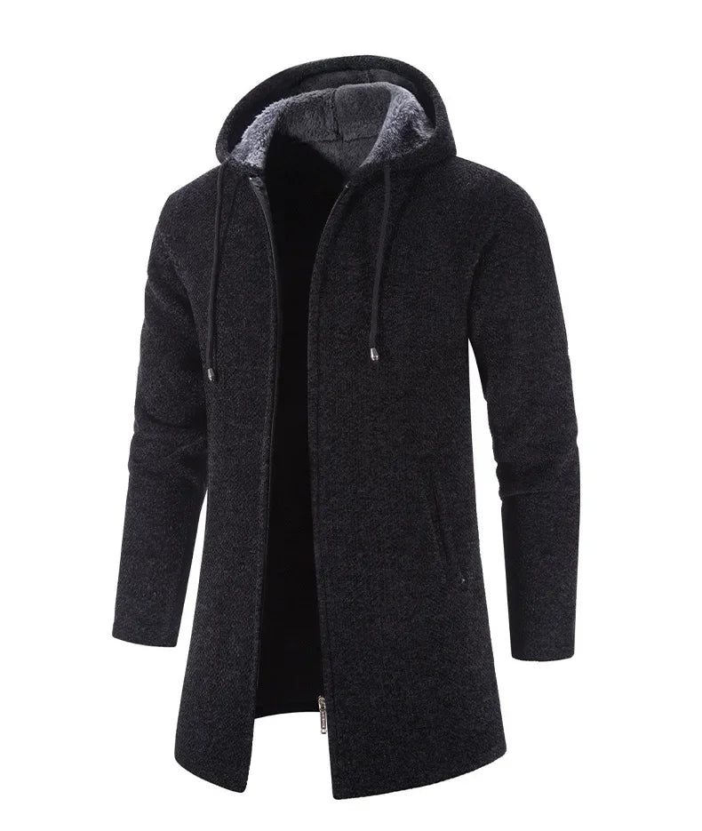 Autumn And Winter Men's Zipper Hooded Cardigan Sweater Coat  Warm Medium Long Cardigan Casual Solid Color Knitted Sweatercoat