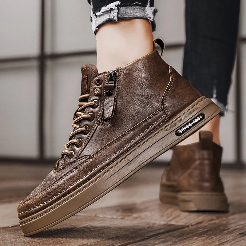 Leather Boots Men Spring High Casual Shoes for Men Trend Zipper Walk Flats Winter Shoes Vulcanized Ankle Boots New Zapatillas