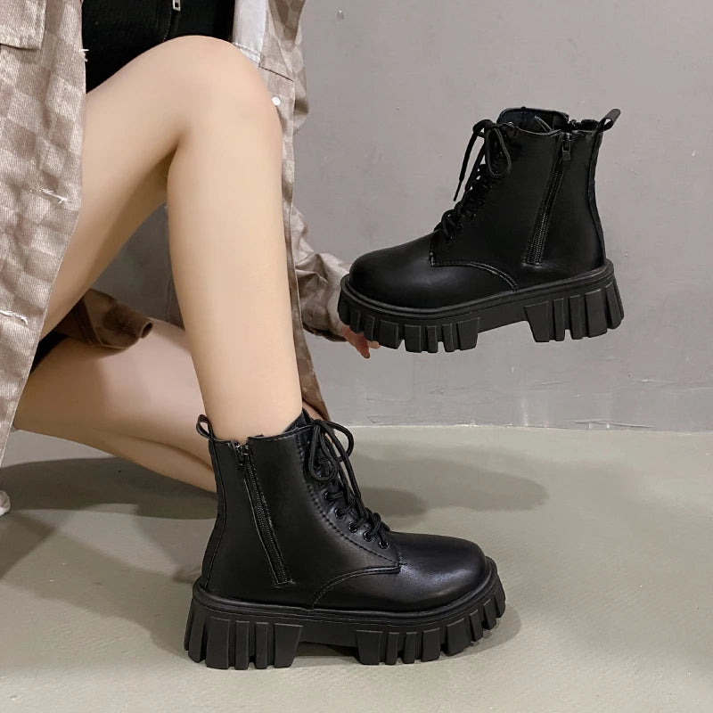 2024 White New Women Ankle Boots Autumn Winter Platform Zipper Women Punk Boots Thick Sole Lace Up Combat Booties Female Mujer