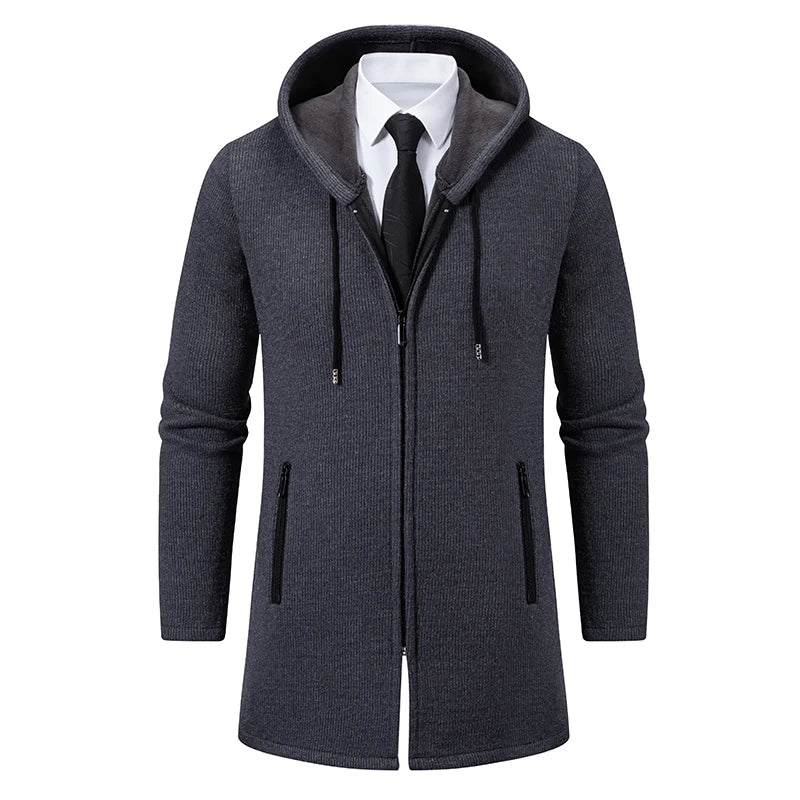 Autumn Winter Mens Hooded Coat Brand New Solid Color Warm Thick Casual Windbreaker Jacket Fashion Mens Cardigan