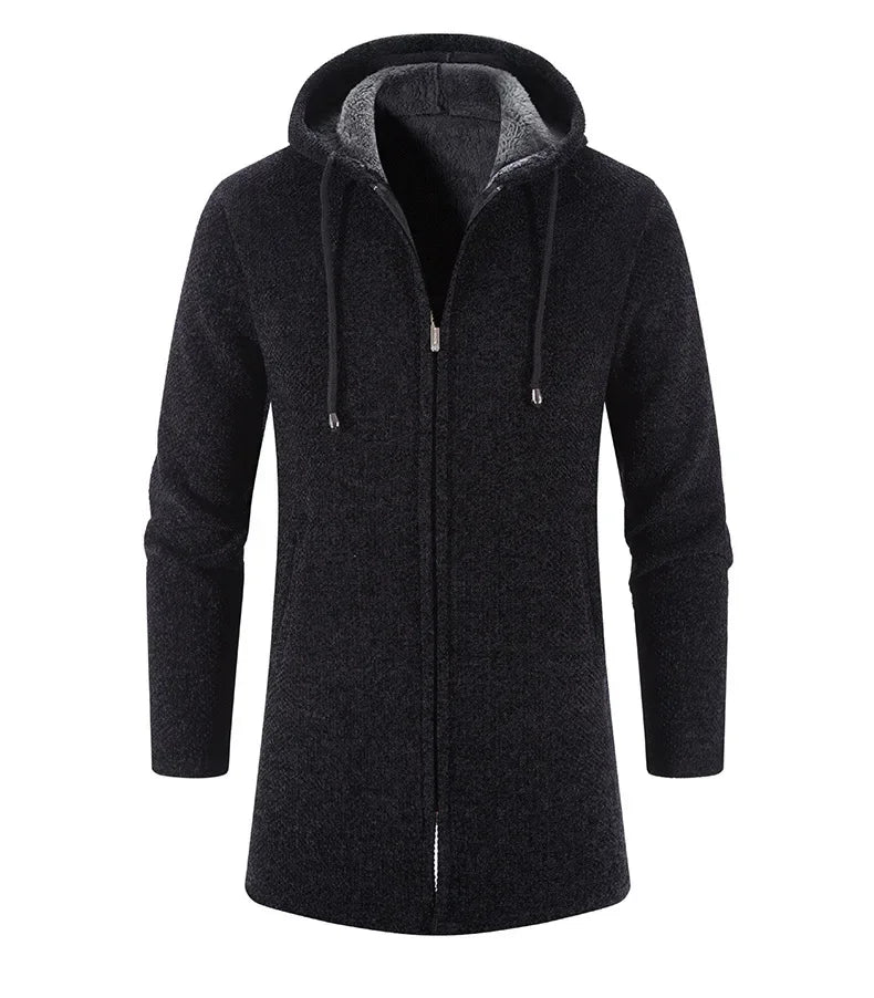 Autumn And Winter Men's Zipper Hooded Cardigan Sweater Coat  Warm Medium Long Cardigan Casual Solid Color Knitted Sweatercoat