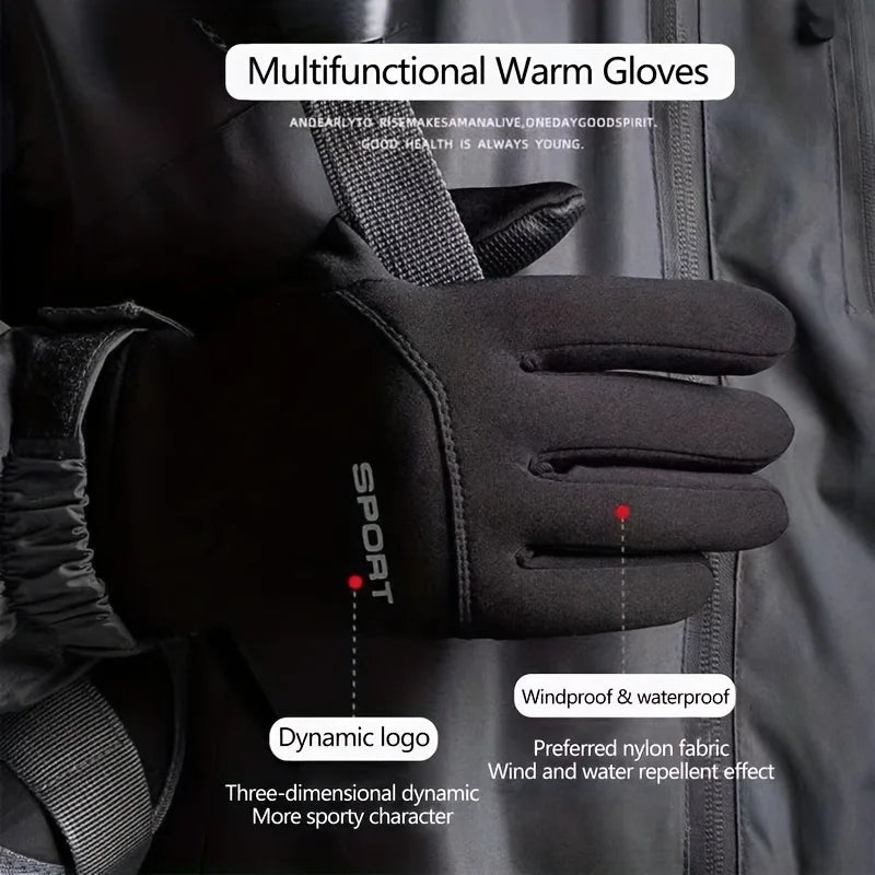 Men Winter Waterproof Cycling Gloves Outdoor Sports Ski Running Motorcycle Touch Screen Fleece Gloves Non-Slip Warm Full Fingers