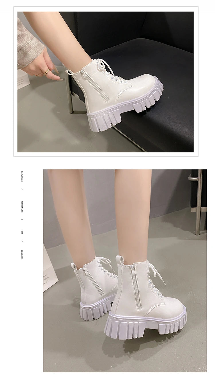 2024 White New Women Ankle Boots Autumn Winter Platform Zipper Women Punk Boots Thick Sole Lace Up Combat Booties Female Mujer