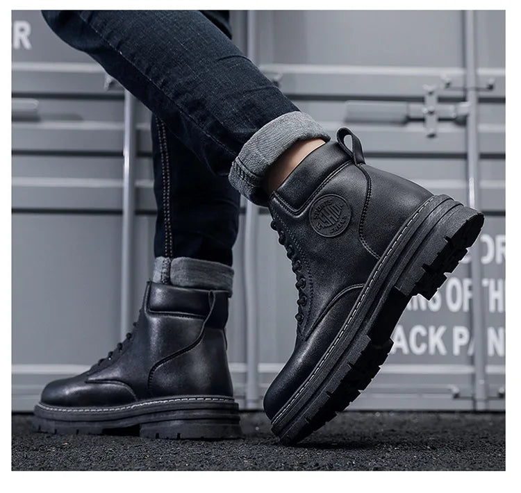 Men Retro Work Shoes Autumn Winter Thick Bottom High Top Non Slip Warm Casual Boots PU Leather Lace-up Big Head Tooling Boots