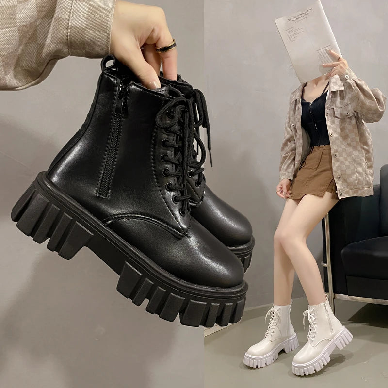 2024 White New Women Ankle Boots Autumn Winter Platform Zipper Women Punk Boots Thick Sole Lace Up Combat Booties Female Mujer