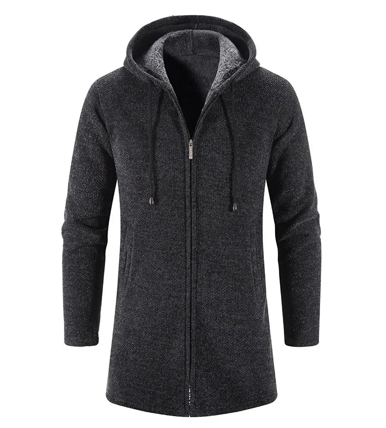 Autumn And Winter Men's Zipper Hooded Cardigan Sweater Coat  Warm Medium Long Cardigan Casual Solid Color Knitted Sweatercoat