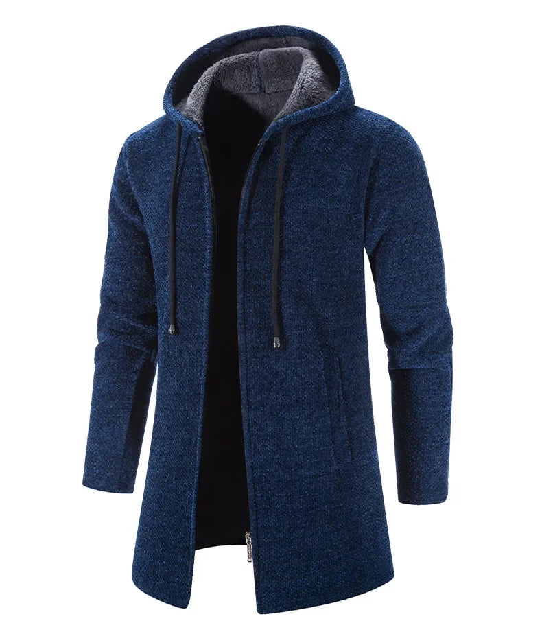 Autumn And Winter Men's Zipper Hooded Cardigan Sweater Coat  Warm Medium Long Cardigan Casual Solid Color Knitted Sweatercoat