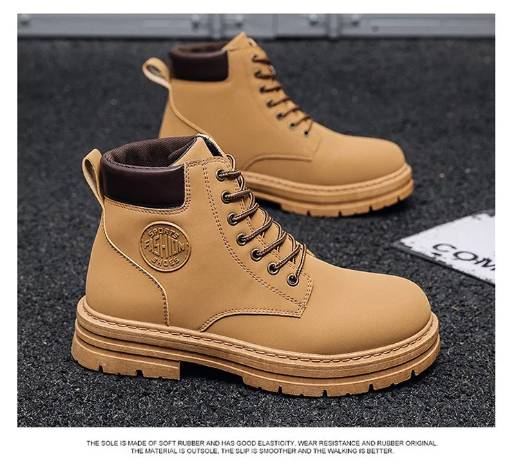 Men Retro Work Shoes Autumn Winter Thick Bottom High Top Non Slip Warm Casual Boots PU Leather Lace-up Big Head Tooling Boots