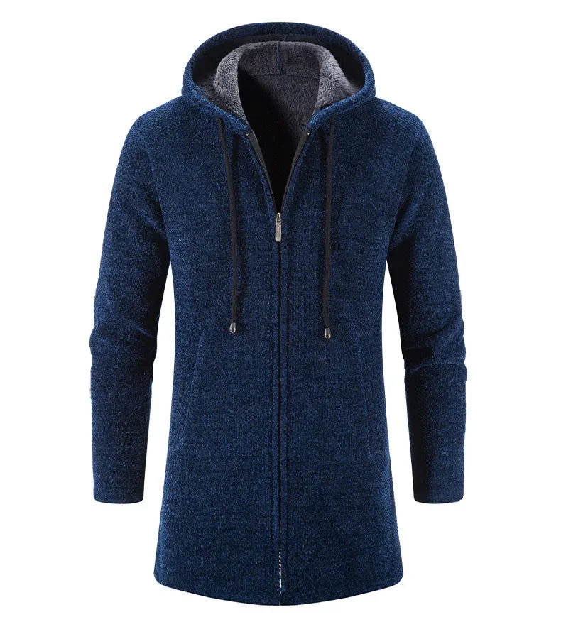 Autumn And Winter Men's Zipper Hooded Cardigan Sweater Coat  Warm Medium Long Cardigan Casual Solid Color Knitted Sweatercoat