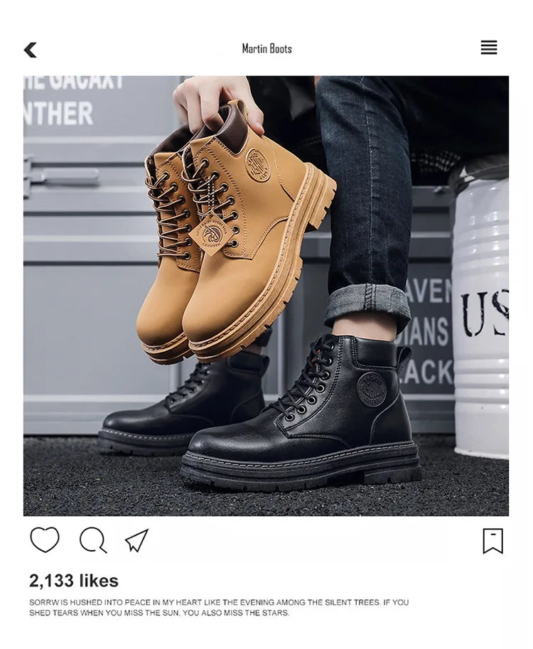 Men Retro Work Shoes Autumn Winter Thick Bottom High Top Non Slip Warm Casual Boots PU Leather Lace-up Big Head Tooling Boots