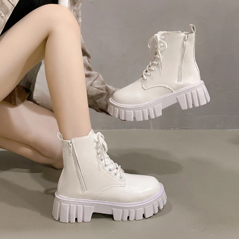 2024 White New Women Ankle Boots Autumn Winter Platform Zipper Women Punk Boots Thick Sole Lace Up Combat Booties Female Mujer