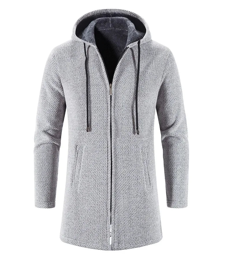 Autumn And Winter Men's Zipper Hooded Cardigan Sweater Coat  Warm Medium Long Cardigan Casual Solid Color Knitted Sweatercoat