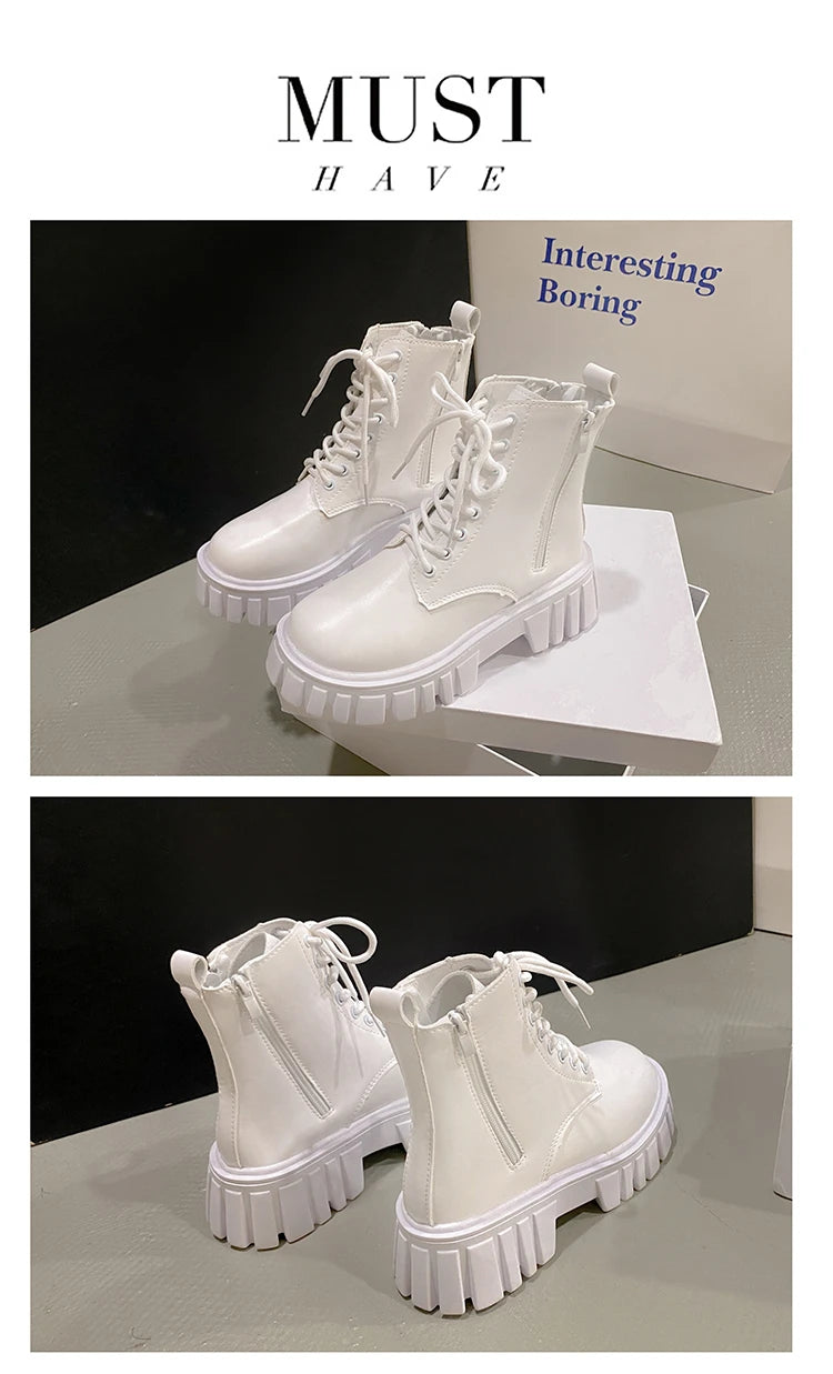 2024 White New Women Ankle Boots Autumn Winter Platform Zipper Women Punk Boots Thick Sole Lace Up Combat Booties Female Mujer