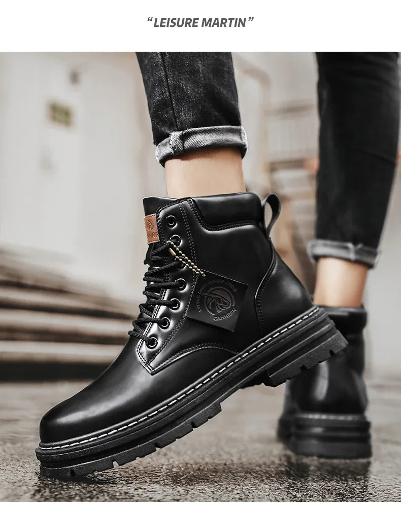 High Top Boots Men's Leather Shoes Fashion Motorcycle Ankle Boots for Men Winter Boots Man Shoes Lace-Up Botas Hombre