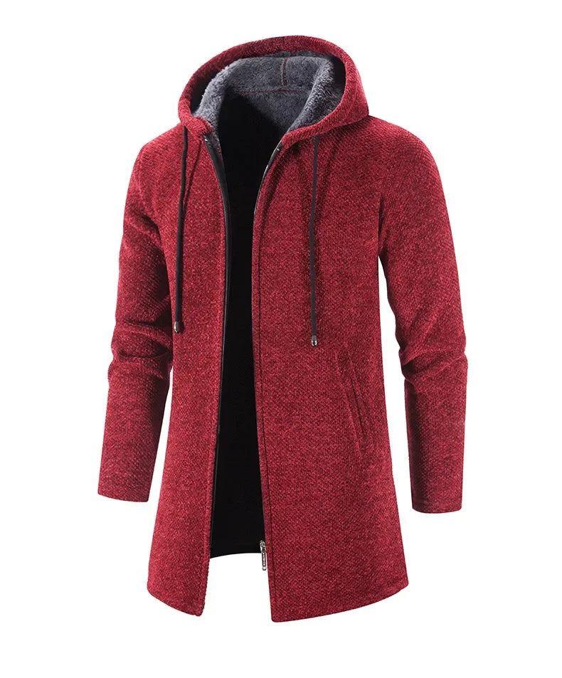 Autumn And Winter Men's Zipper Hooded Cardigan Sweater Coat  Warm Medium Long Cardigan Casual Solid Color Knitted Sweatercoat