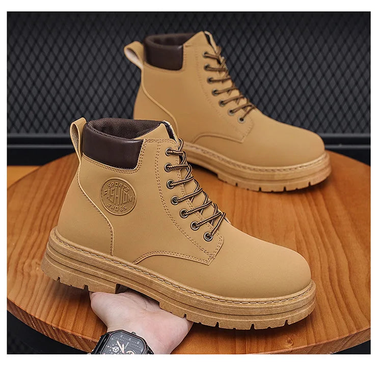 Men Retro Work Shoes Autumn Winter Thick Bottom High Top Non Slip Warm Casual Boots PU Leather Lace-up Big Head Tooling Boots