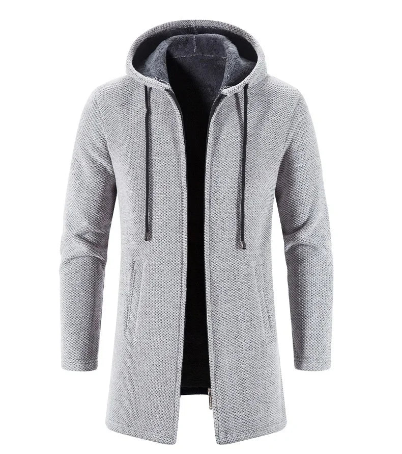 Autumn And Winter Men's Zipper Hooded Cardigan Sweater Coat  Warm Medium Long Cardigan Casual Solid Color Knitted Sweatercoat