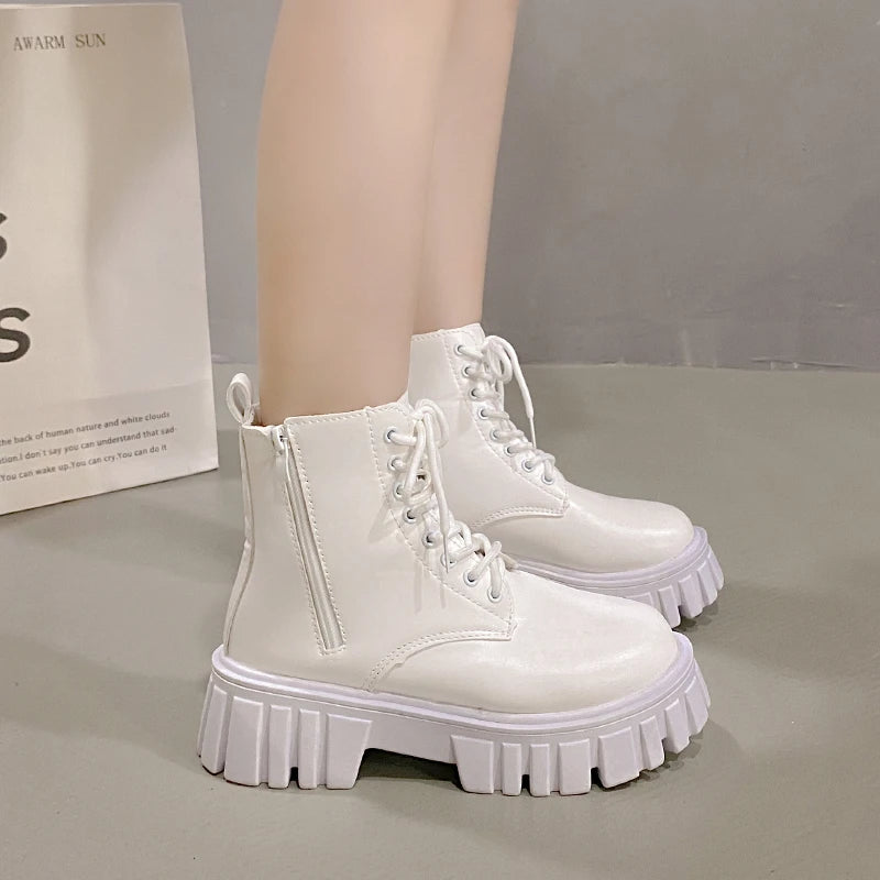 2024 White New Women Ankle Boots Autumn Winter Platform Zipper Women Punk Boots Thick Sole Lace Up Combat Booties Female Mujer