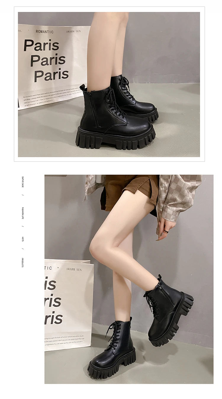 2024 White New Women Ankle Boots Autumn Winter Platform Zipper Women Punk Boots Thick Sole Lace Up Combat Booties Female Mujer