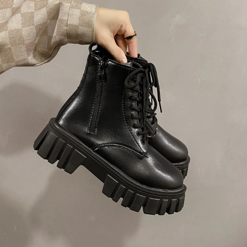 2024 White New Women Ankle Boots Autumn Winter Platform Zipper Women Punk Boots Thick Sole Lace Up Combat Booties Female Mujer